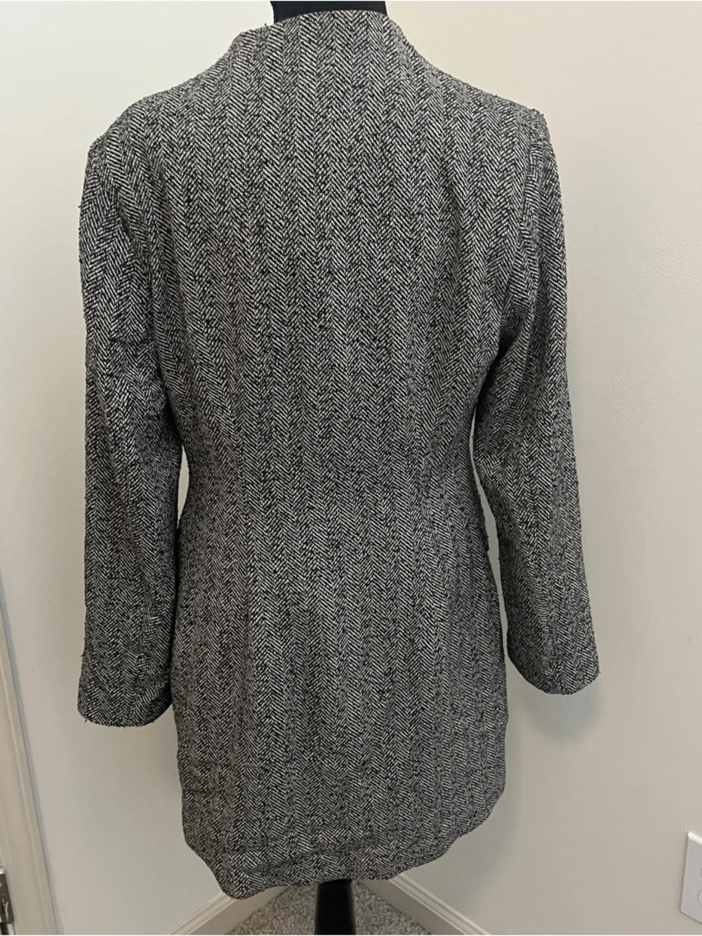 H&M Herringbone Double Breasted Blazer Coat Size M Black‎ White Tweed Wool Blend
